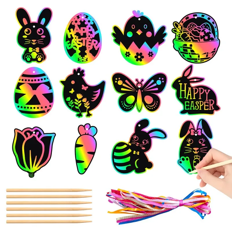 Papercraft Supply Ribbon - Kratzpapierkarten mit Holzstift & Bunten Bändern,
