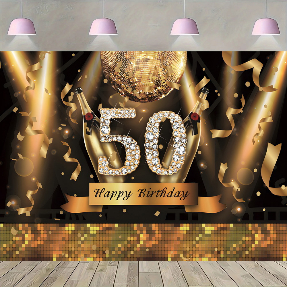 Party Banner Gold - Goldglitzer 50. Fotohintergrund, roter Vorhang, für